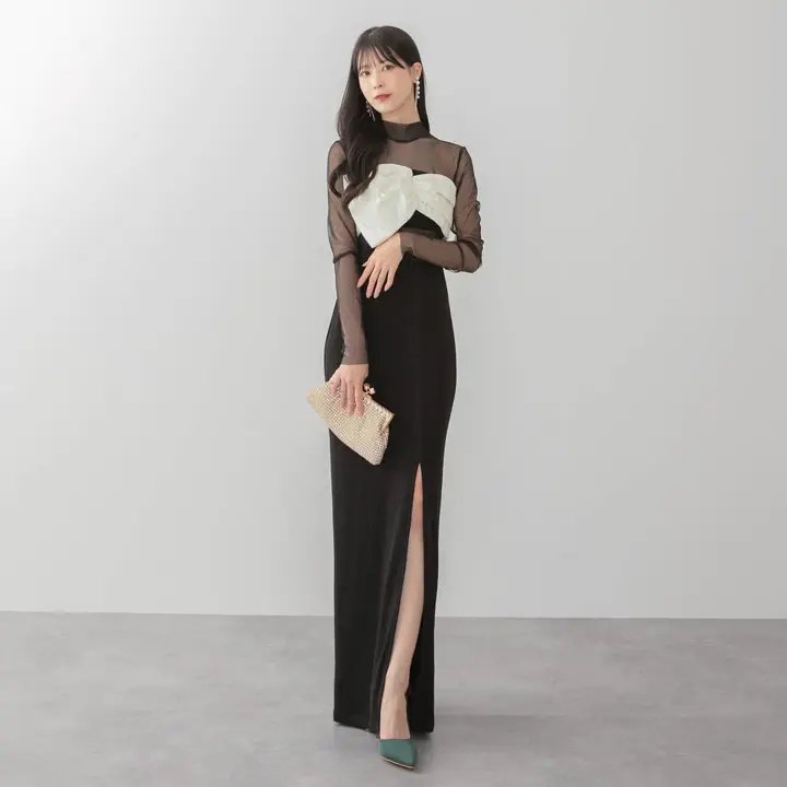 【LEJA】フロントツイストデザインシアースリットアイラインドレス 裾上げ済み LEJA LUXE】フロントツイストデザインシアースリットIラインドレス