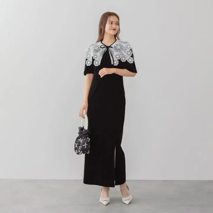 SOLD OUT】レースカラーベロアIラインワンピースドレス