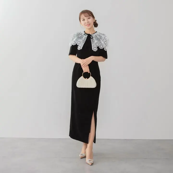 SOLD OUT】レースカラーベロアIラインワンピースドレス