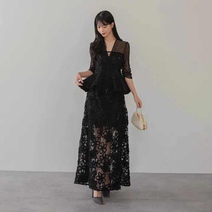 LEJA LUXE】フラワーレースペプラムセットアップオケージョンドレス