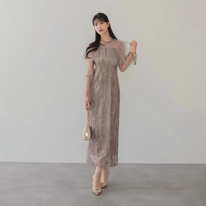 当日発送】シアーケープスパンコールIラインワンピースドレス
