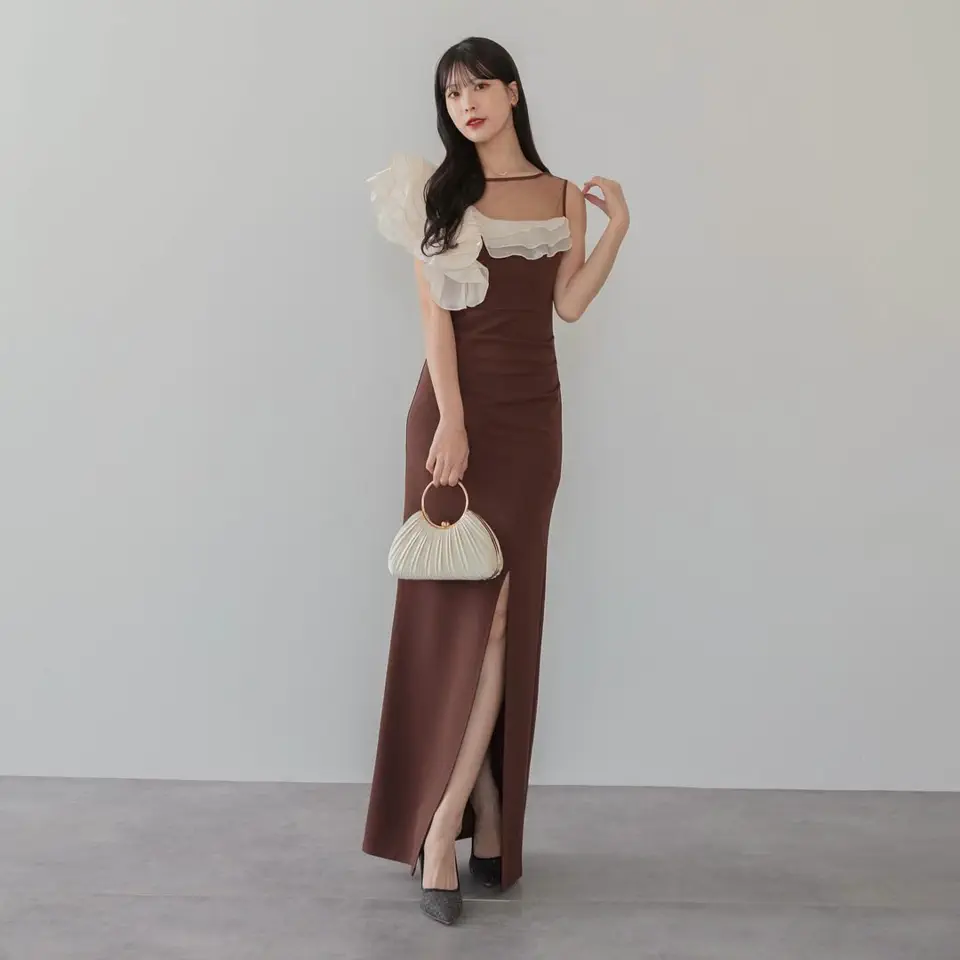 LEJA LUXE】アシンメトリーフリルスリットマーメイドドレス