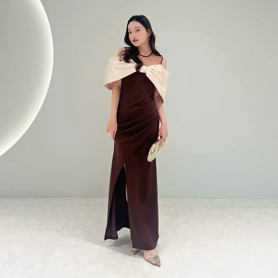 LEJA LUXE】ビッグリボンシアーショルダードレープロングドレス
