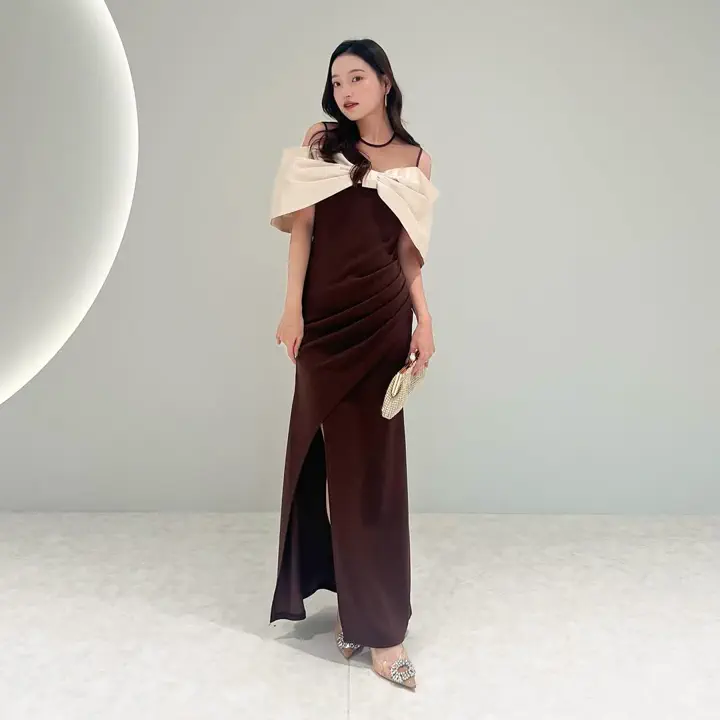 LEJA LUXE】ビッグリボンシアーショルダードレープロングドレス