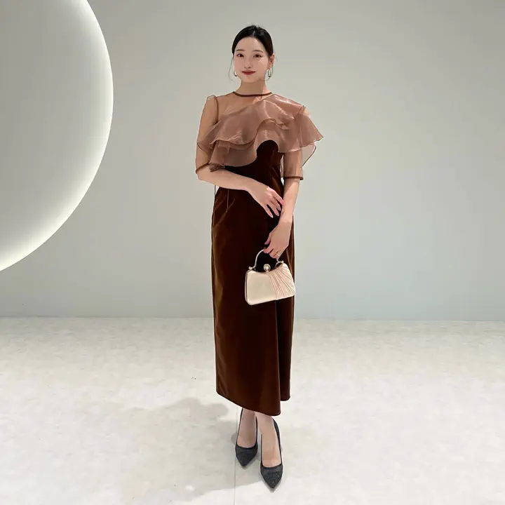 当日発送】アシンメトリーティアードフリル3WAYベロアワンピース結婚式