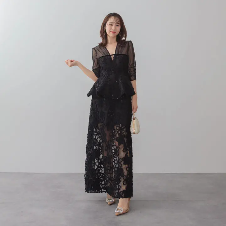 【LEJA LUXE】新作　フラワーレースペプラムセットアップドレス LEJA LUXE】フラワーレースペプラムセットアップドレス