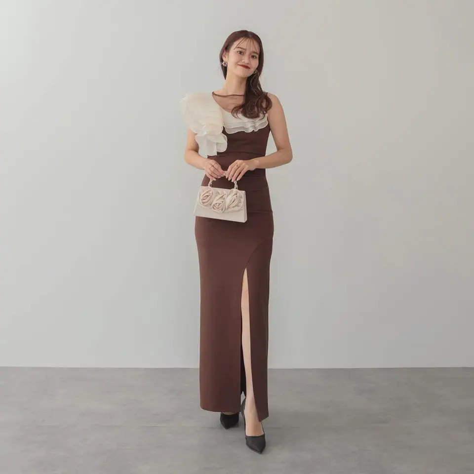 LEJA LUXE】アシンメトリーフリルスリットマーメイドドレス