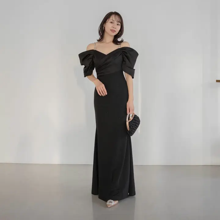 LEJA LUXE】ビジューストラップタックオフショルダーマーメイド
