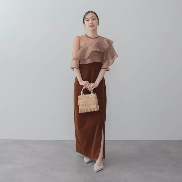 当日発送】アシンメトリーティアードフリル3WAYベロアワンピース結婚式