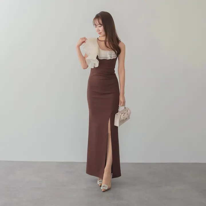 LEJA LUXE】アシンメトリーフリルスリットマーメイドドレス