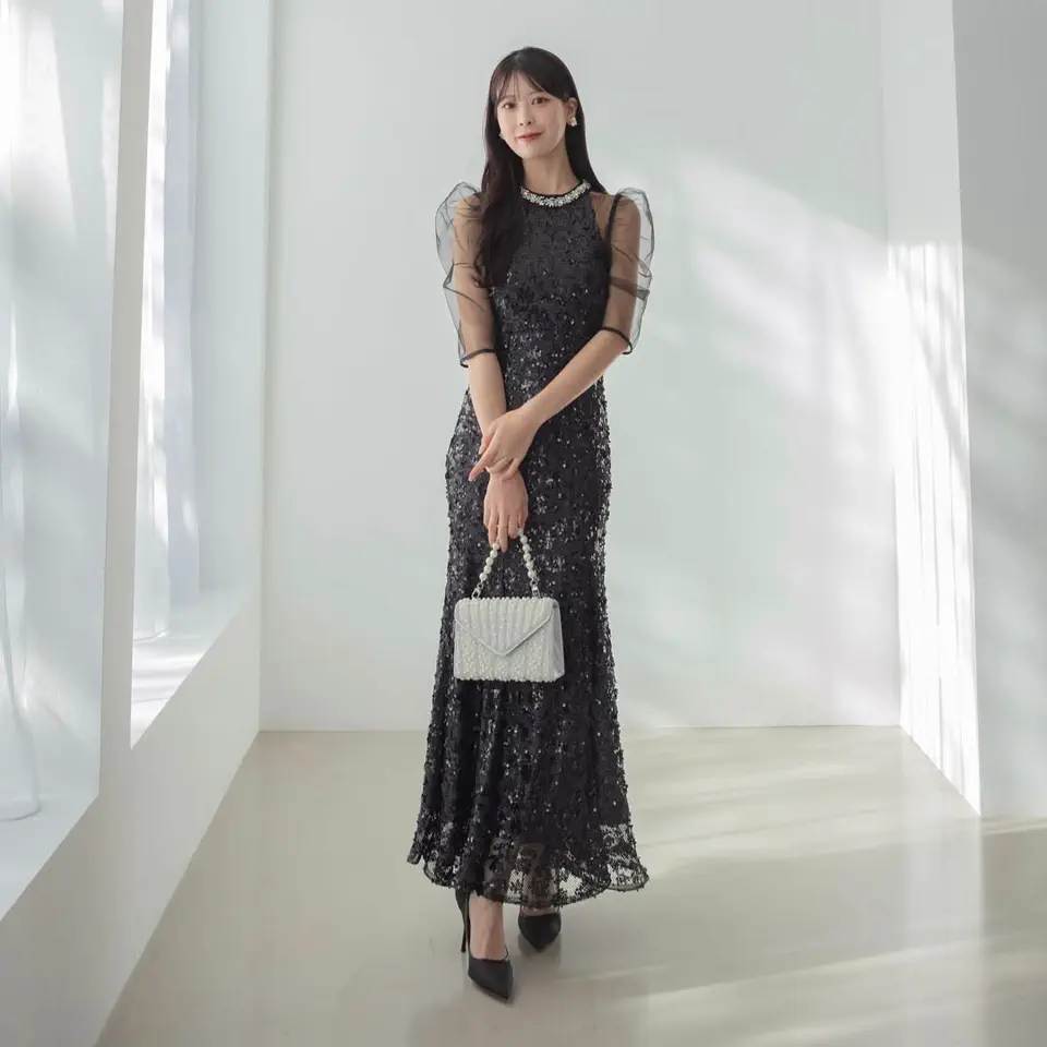 SOLD OUT】ビジューネックスパンコールシアーマーメイドワンピースドレス