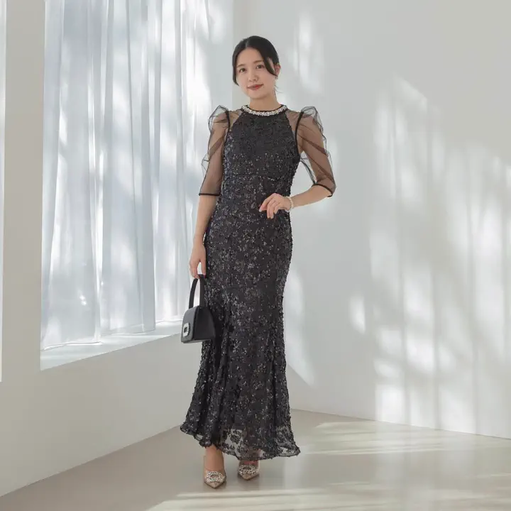 SOLD OUT】ビジューネックスパンコールシアーマーメイドワンピースドレス