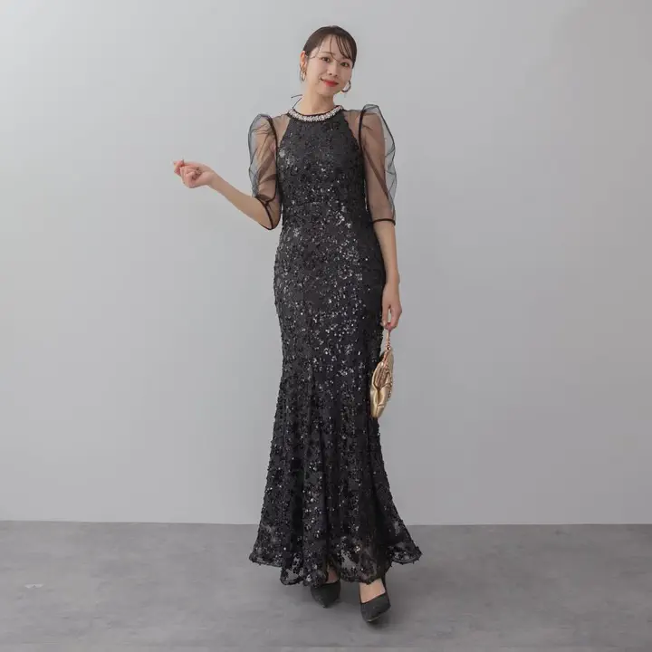 Leja スパンコールワンピースドレス SOLD OUT】ビジューネックスパンコールシアーマーメイドワンピースドレス