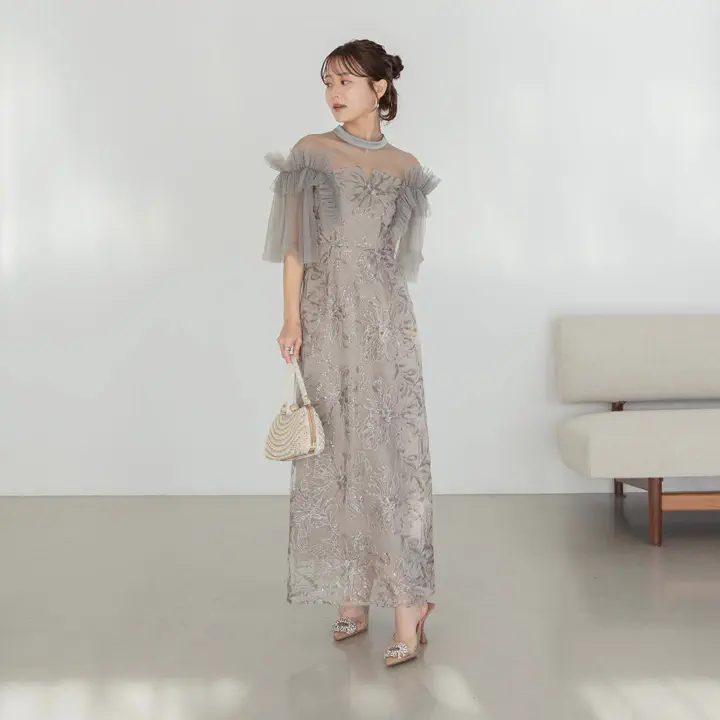 当日発送】チュールフリルショルダーシアーIラインワンピースドレス