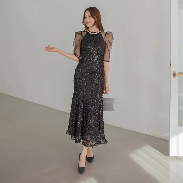 新品未使用【LEJA】ビジューネックスパンコールシアーマーメイドワンピースドレス SOLD OUT】ビジューネックスパンコールシアーマーメイドワンピースドレス
