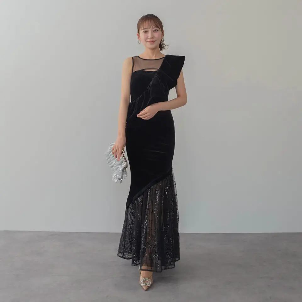 LEJA LUXE】2WAYアシンメトリーフリルベロアマーメイドドレス