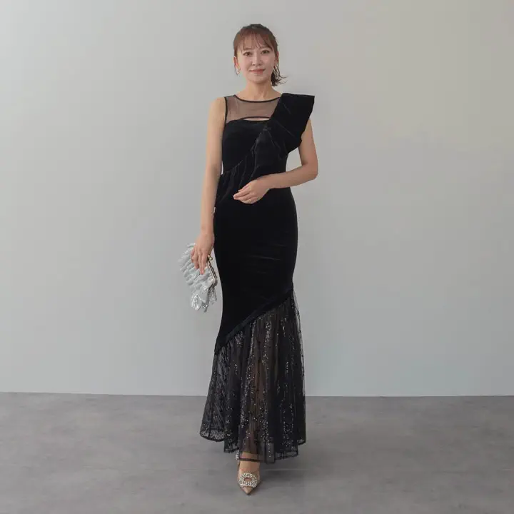 LEJA LUXE】2WAYアシンメトリーフリルベロアマーメイドドレス