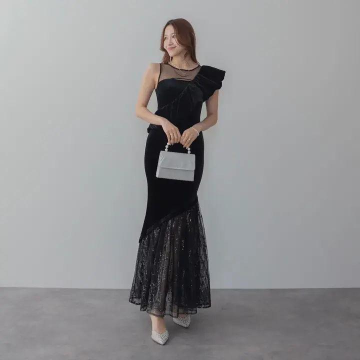 LEJA LUXE】2WAYアシンメトリーフリルベロアマーメイドドレス