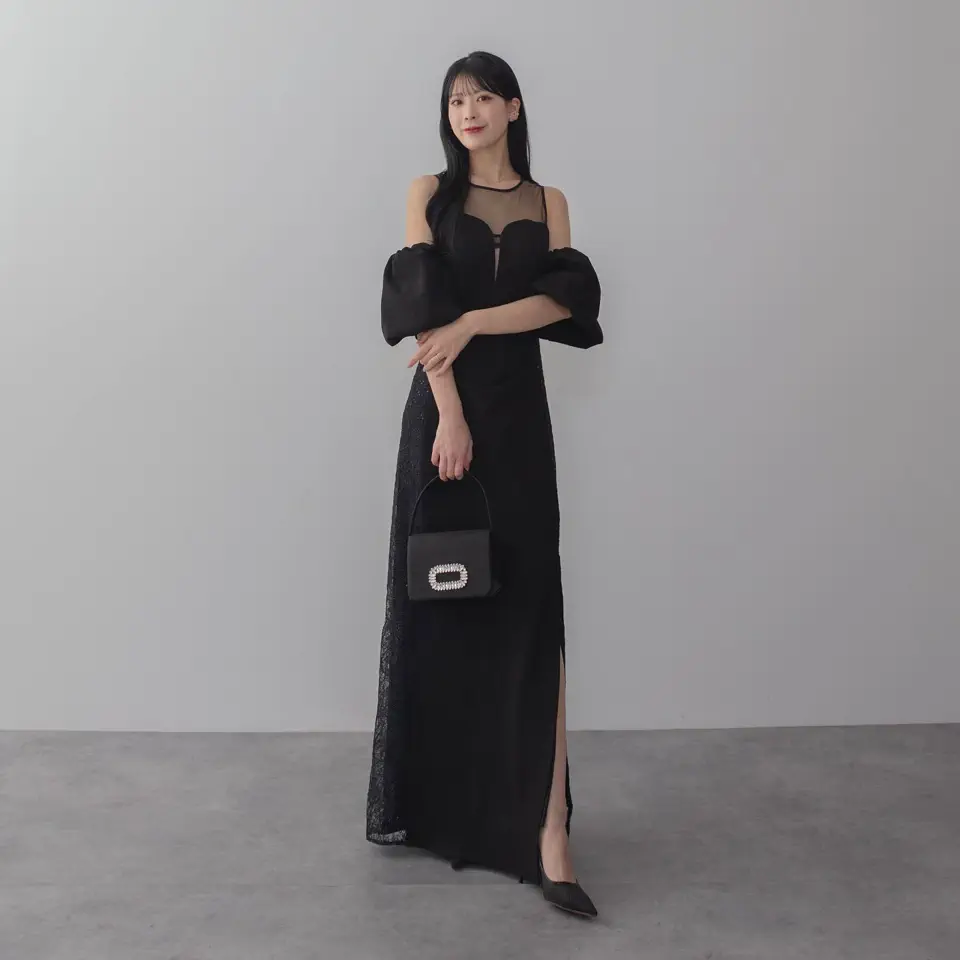 LEJA LUXE】サイドレースシアーデコルテパフスリーブスリットドレス