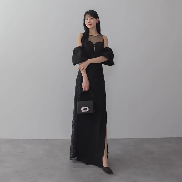 LEJA LUXE】サイドレースシアーデコルテパフスリーブスリットドレス