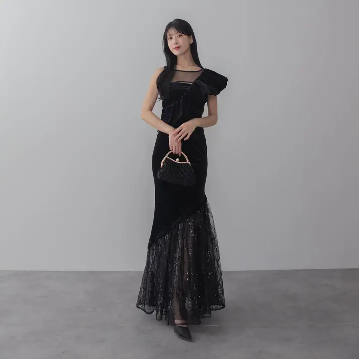 LEJA LUXE】2WAYアシンメトリーフリルベロアマーメイドドレス