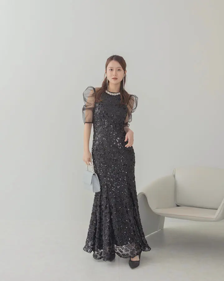 SOLD OUT】ビジューネックスパンコールシアーマーメイドワンピースドレス
