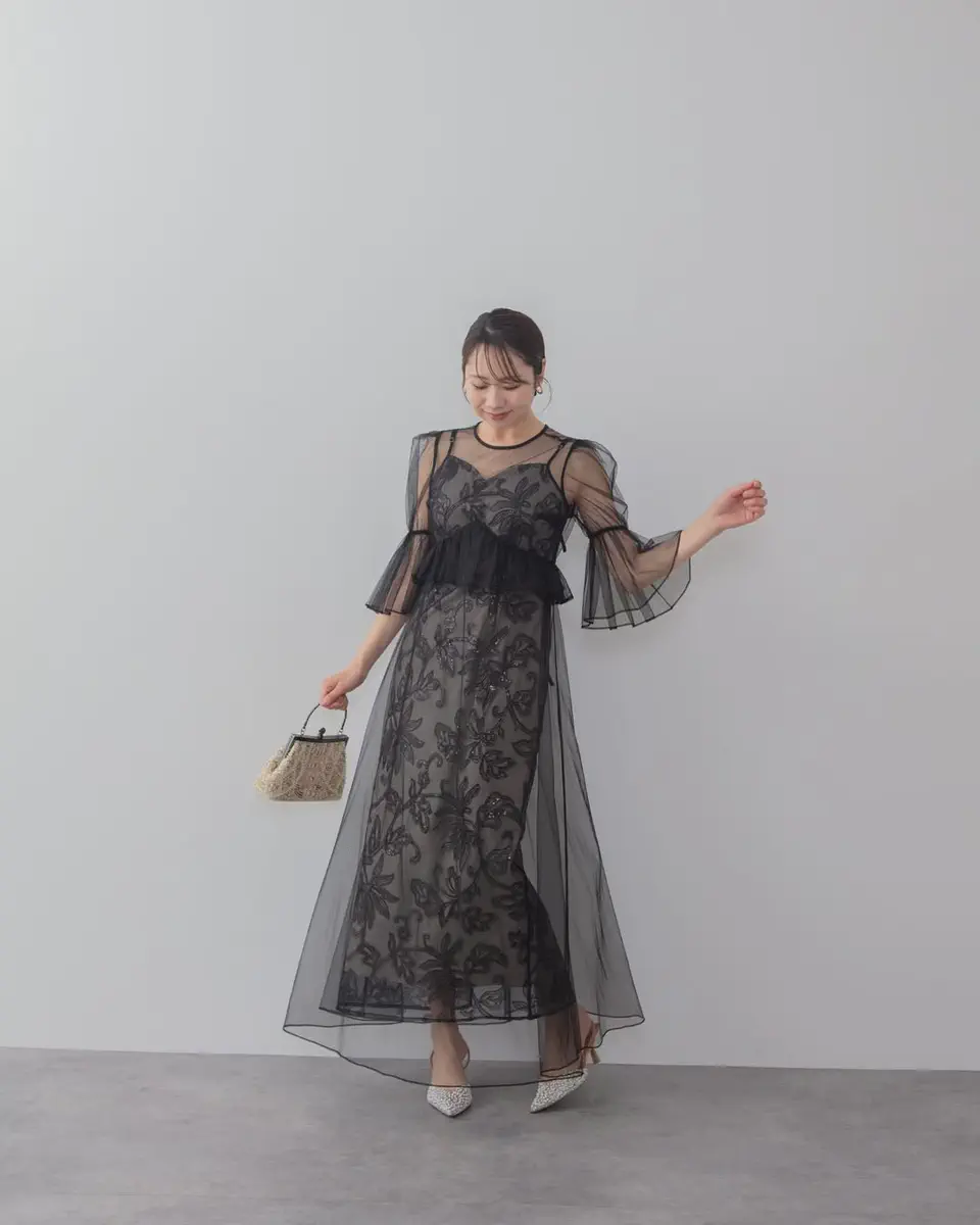 当日発送】フラワースパンコールチュールシアーキャミワンピース