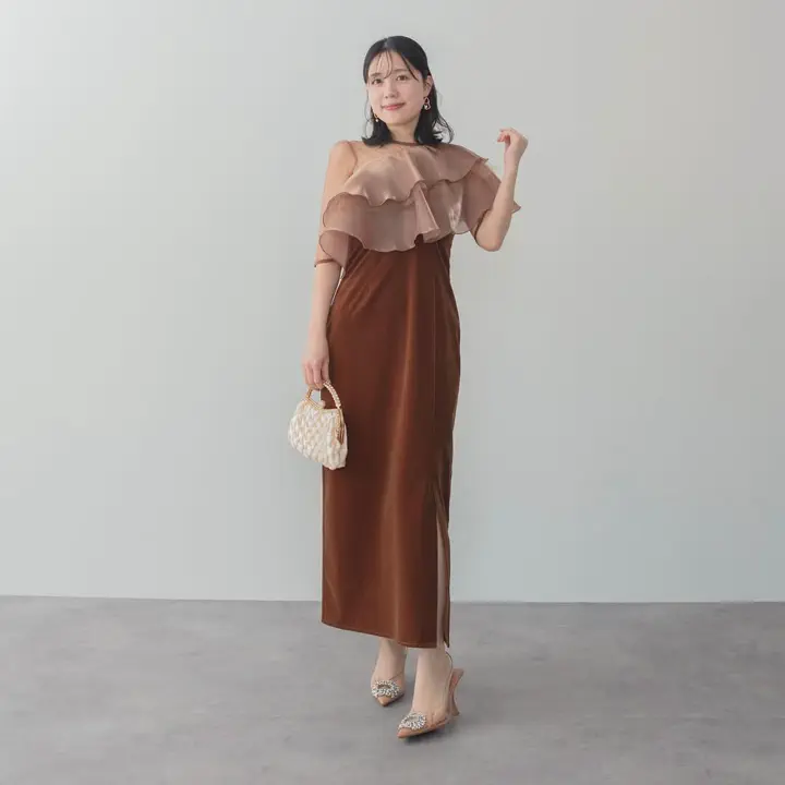 当日発送】アシンメトリーティアードフリル3WAYベロアワンピース結婚式