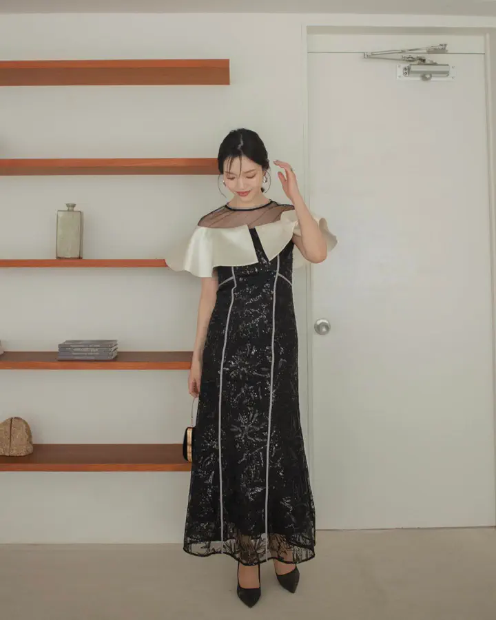 当日発送】ストーンラインシアービッグフリルマーメイドワンピース