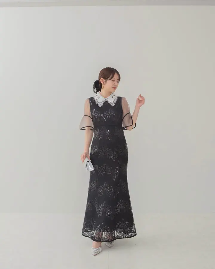 当日発送】フラワーレースカラースパンコールマーメイドワンピース
