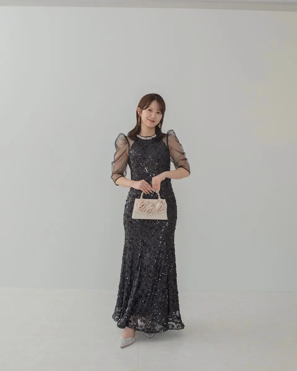 SOLD OUT】ビジューネックスパンコールシアーマーメイドワンピースドレス