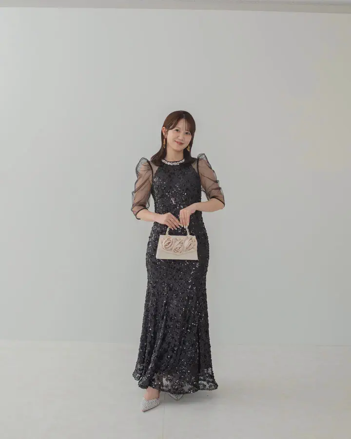 SOLD OUT】ビジューネックスパンコールシアーマーメイドワンピースドレス