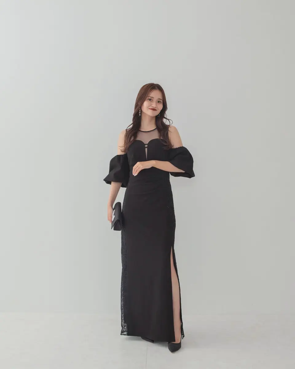LEJA LUXE】サイドレースシアーデコルテパフスリーブスリットドレス