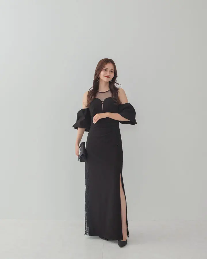 LEJA LUXE】サイドレースシアーデコルテパフスリーブスリットドレス
