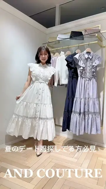 And Coutureワンピース コットンレースフリルシャツワンピース　ネイビー アンドクチュール AND COUTURE コットンレースフリルシャツ