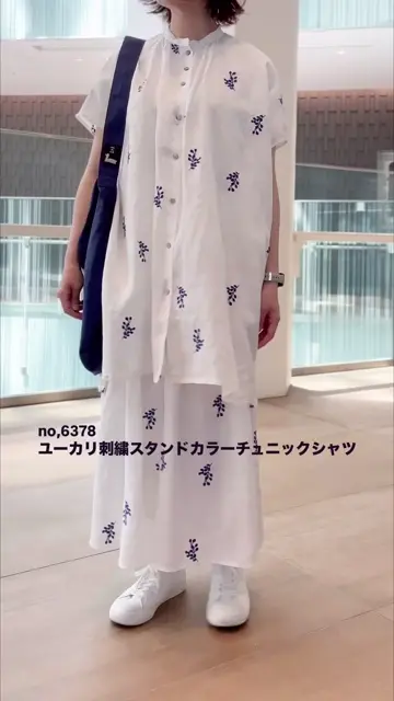MORE PRICE DOWN】ユーカリ刺繍スタンドカラーチュニックシャツ