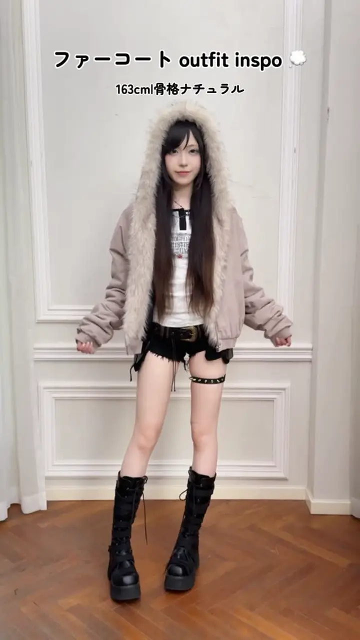 即納】フード付きファーコート