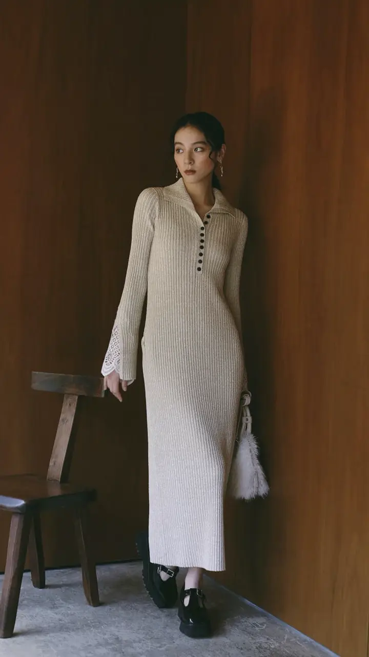 レーススリーブネップリブニットワンピース｜ラグナムーン（LAGUNAMOON