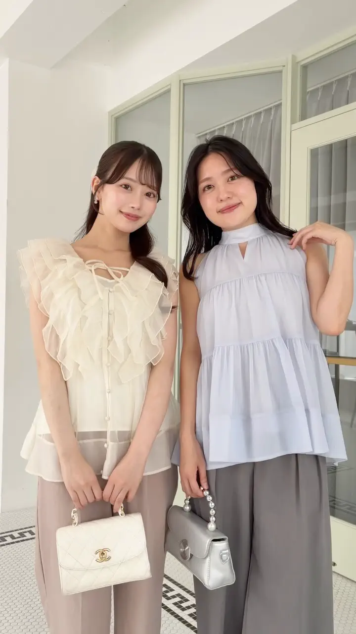 当日発送】シアーオーガンジーラッフルフリルノースリーブブラウス