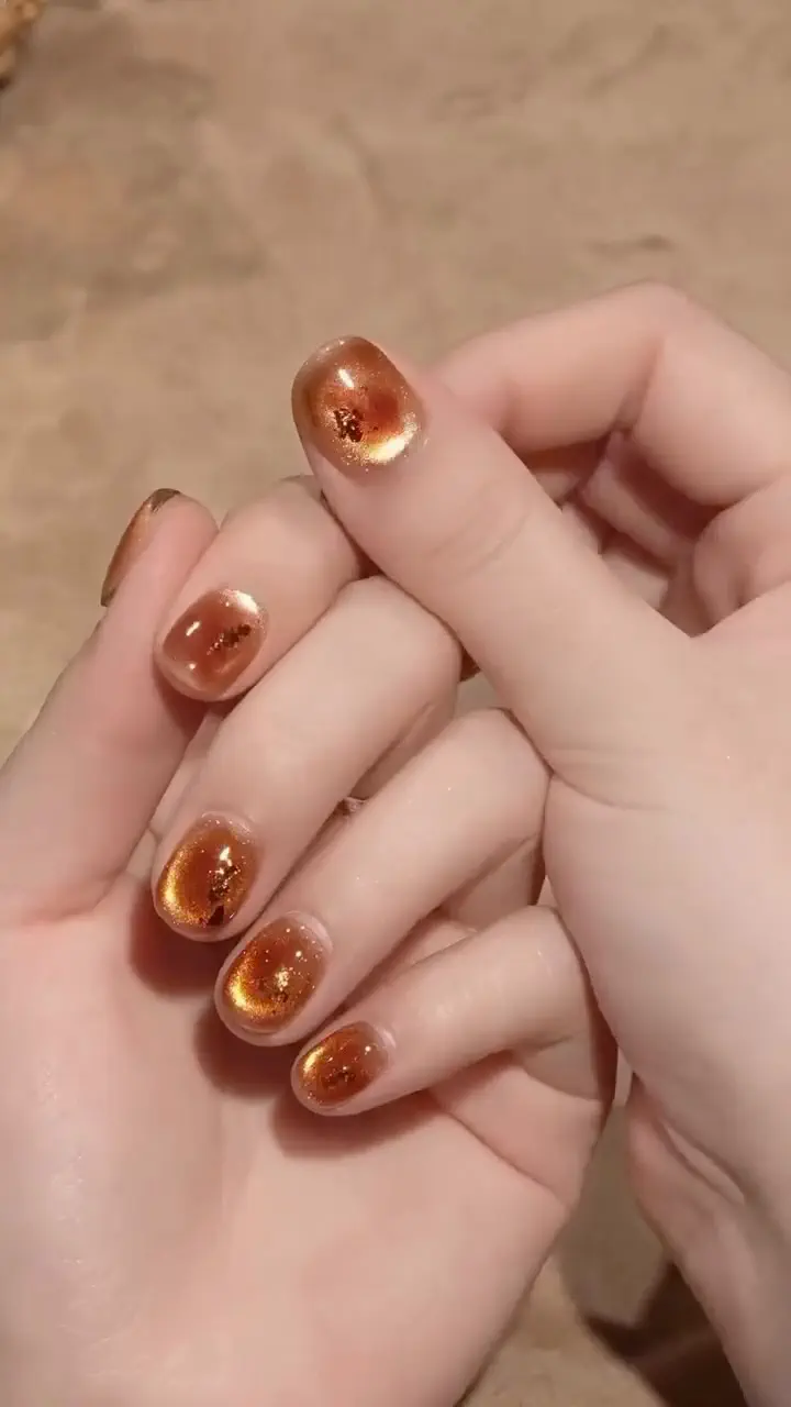 サイズオーダー　ネイルチップ　夏　オレンジ　マグネット　リングネイル　クリア 当日発送】水光ネイルブラウンオレンジマグネットニュアンスホイル