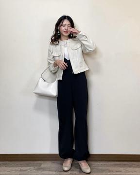 サマーツイードノーカラーフリルジャケット 春 秋 冬 M | アクア