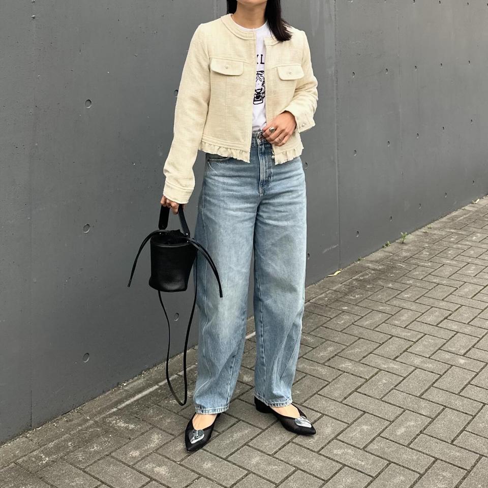 サマーツイードノーカラーフリルジャケット 春 秋 冬 M | アクア