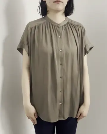 Beige, 【洗える】トリアセテートポリエステル　バンドカラー ブラウス 自由区 L 【セットアップ対応・洗える】トリアセダブルクロス
