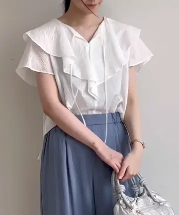 マイラン フリルトップス mylan リネン　ハワイ　ハレクラニ ラッフルカラーフリルブラウス/洗える(ブラウス・シャツ) | MK