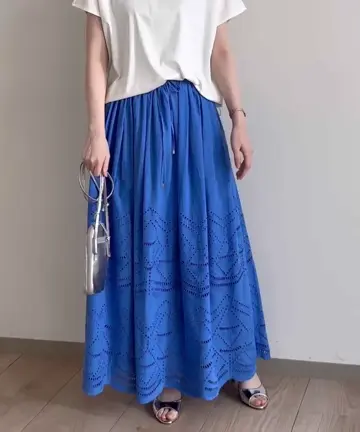 コットン刺繍カットワークギャザースカート/洗える(ロング