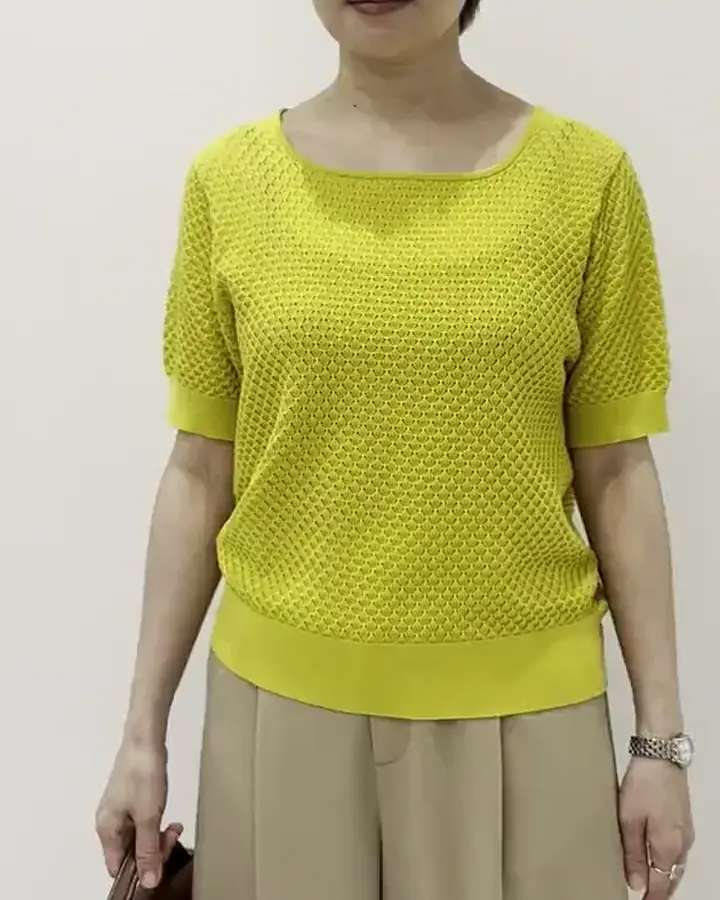 ルネ　半袖ニット leune（ルネ）の「半袖ケーブルニット/胸刺繍半袖ニットプルオーバー