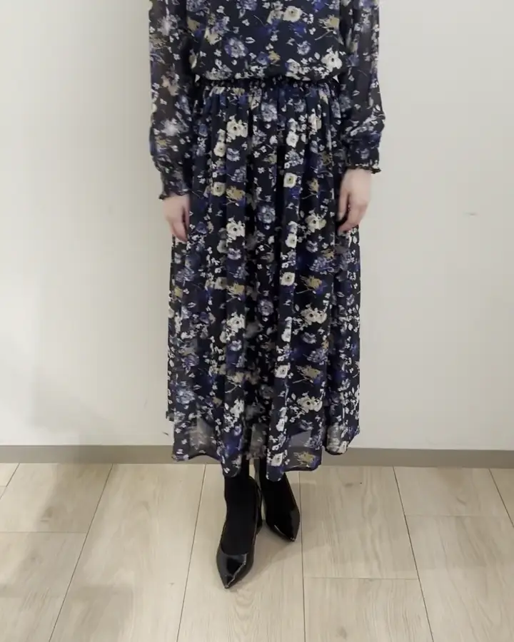 クラシックフラワープリント シフォンスカート/洗える(ロング・マキシ
