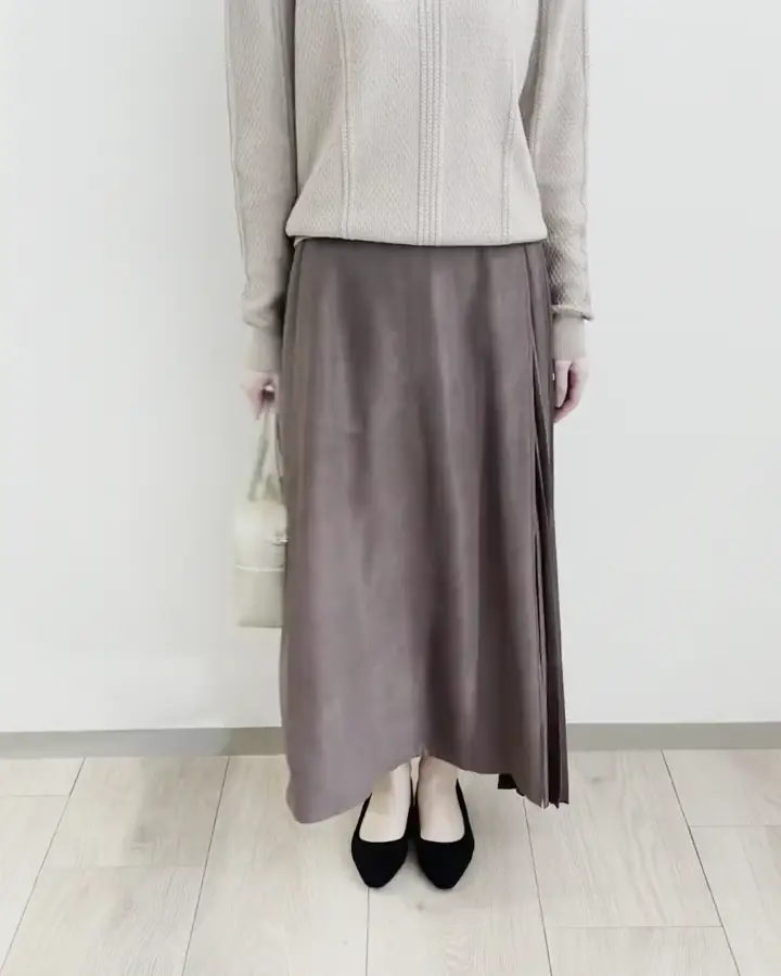 部分プリーツデザイン スウェードライクスカート/洗える(ミモレ丈