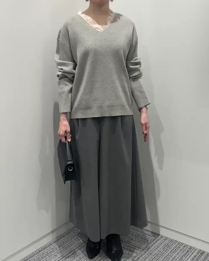 Vネックレース片畦編みニット/洗える/WEB限定サイズあり(ニット