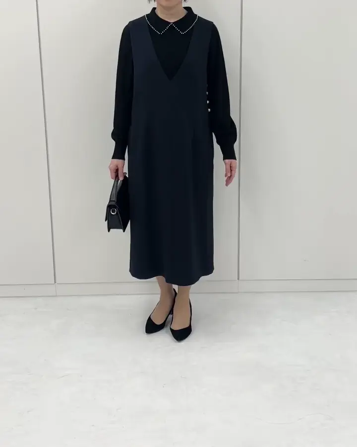 サイドパール調釦デザインVネックジャンパースカート/洗える/WEB限定